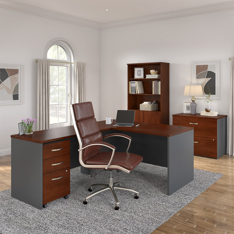 Executive Mocha Cherry L-Shaped Desk with 3-Drawer Mobile File Cabinet