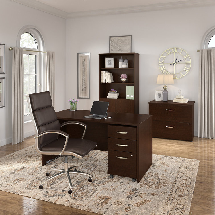 Executive Mocha Cherry Wood L-Shaped Desk with Filing Cabinet