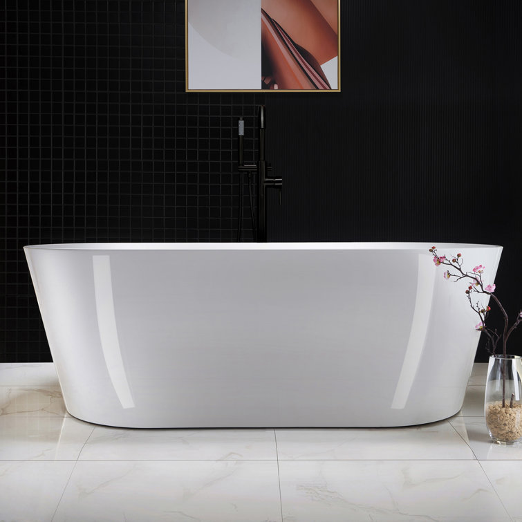 67" White Acrylic Oval Freestanding Soaking Bathtub with Oil Rubbed Bronze Trim