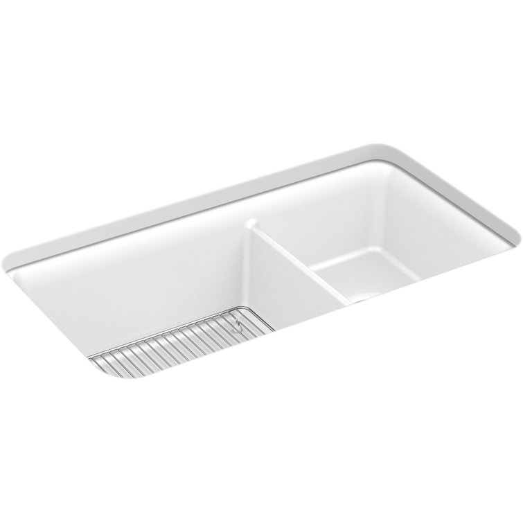 Cairn 33.5" Matte White Double Basin Stone Kitchen Sink with Accessories