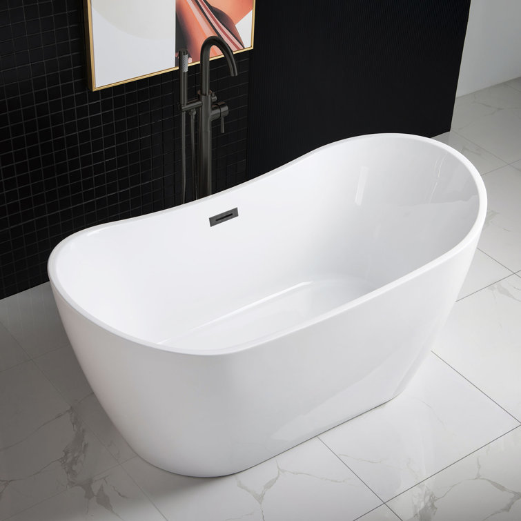 59" White Acrylic Freestanding Oval Bathtub with Matte Black Overflow
