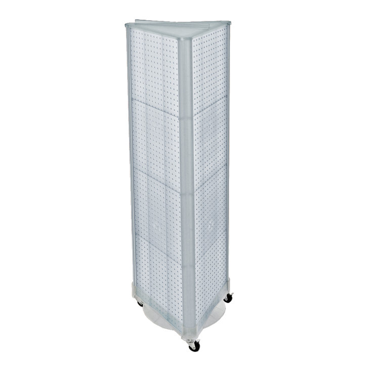 Clear Three-Sided Pegboard Display Tower with Wheeled Base