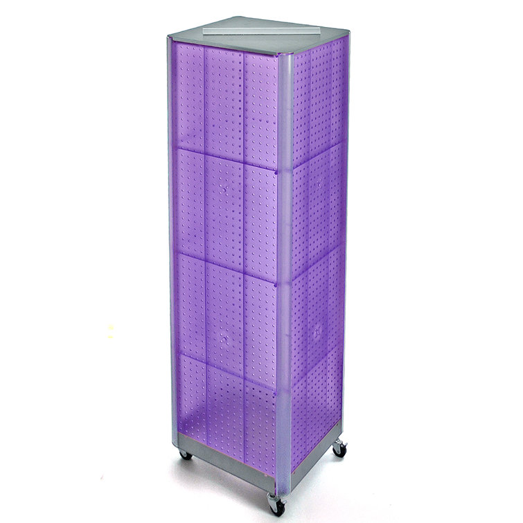Purple Four-Sided Pegboard Tower Floor Display with Wheeled Base