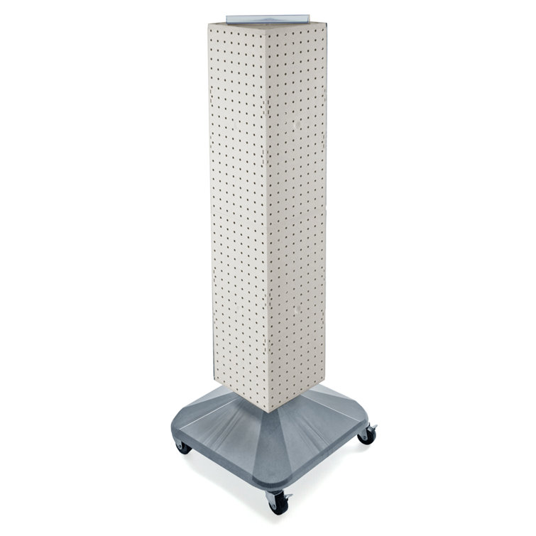 White Four-Sided Pegboard Display Tower with Revolving Base