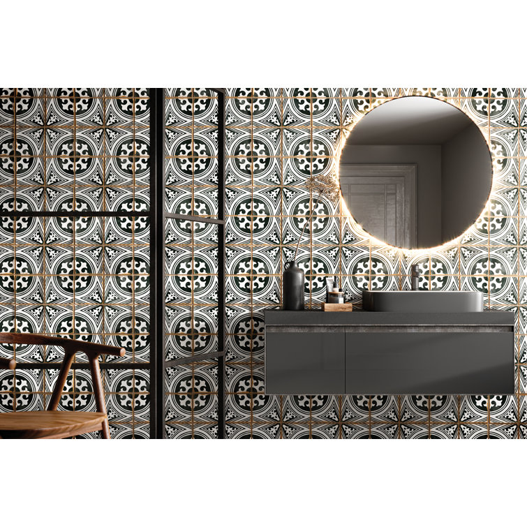 Casablanca 5" x 5" Black and White Ceramic Patterned Tile