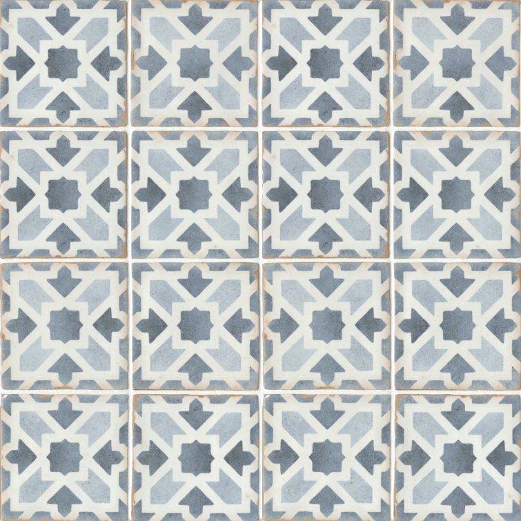 Casablanca 5" x 5" Blue and White Ceramic Patterned Tile