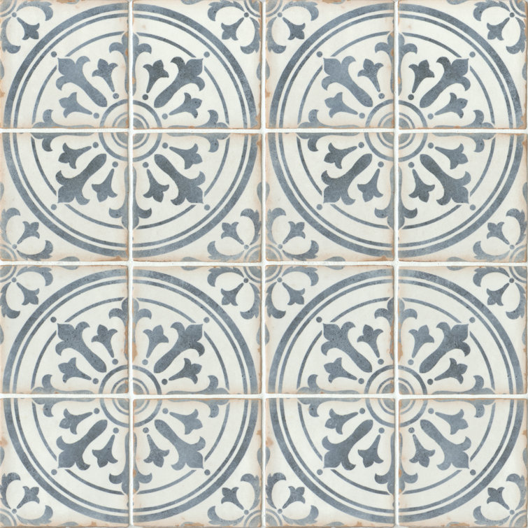 Casablanca 5" x 5" Blue and White Ceramic Patterned Tile