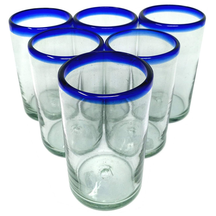 Hand Blown Mexican Glasses with Blue Rim - Set of 6