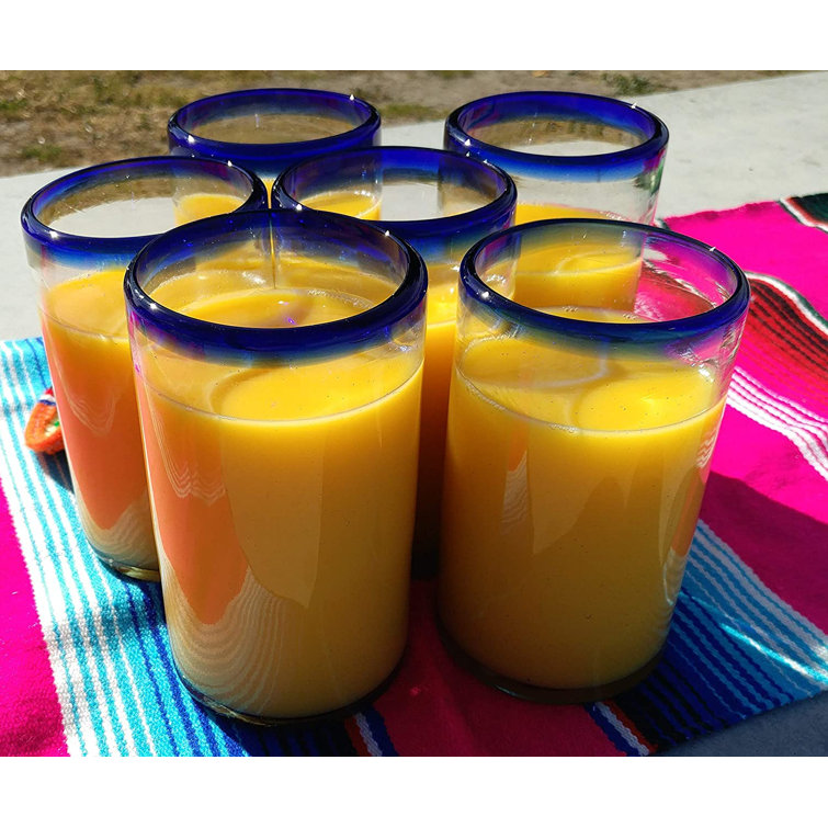 Hand Blown Mexican Glasses with Blue Rim - Set of 6