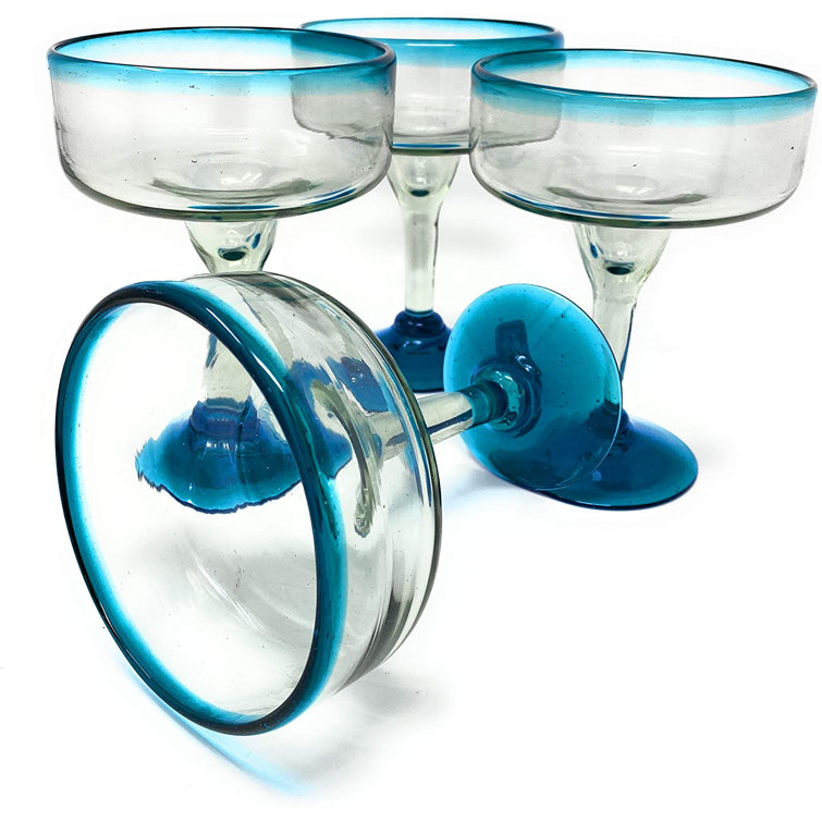 Hand Blown Aqua Rim 16 oz. Margarita Glasses, Set of 4