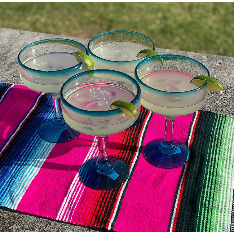 Hand Blown Aqua Rim 16 oz. Margarita Glasses, Set of 4