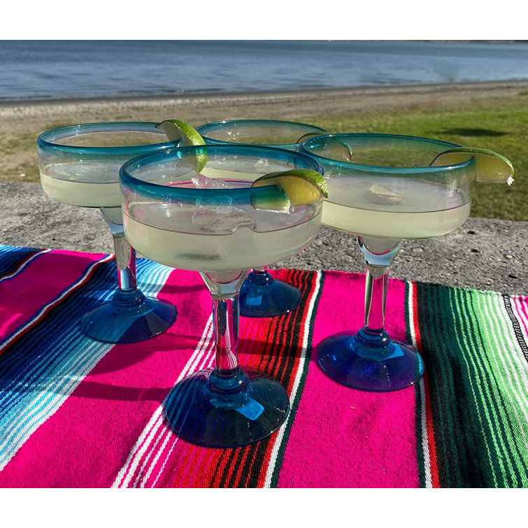 Hand Blown Aqua Rim 16 oz. Margarita Glasses, Set of 4