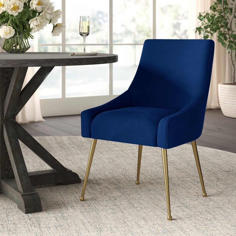 Navy Velvet Upholstered Side Chair with Gold Tapered Legs