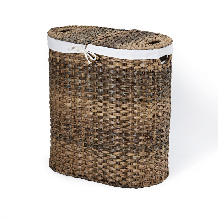 Mocha Brown Handwoven Wicker Double Laundry Hamper with Lid