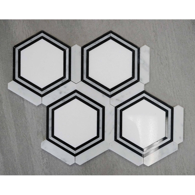 Polished White and Black Marble Hexagon Mosaic Tile