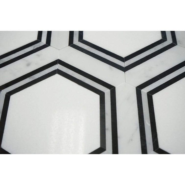 Polished White and Black Marble Hexagon Mosaic Tile