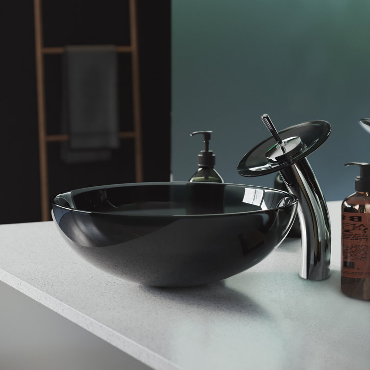 Cascade Black Glass Above-Counter Vessel Sink with Faucet