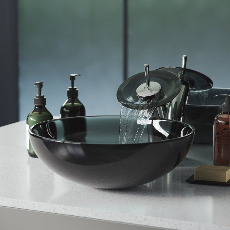 Cascade Black Glass Above-Counter Vessel Sink with Faucet