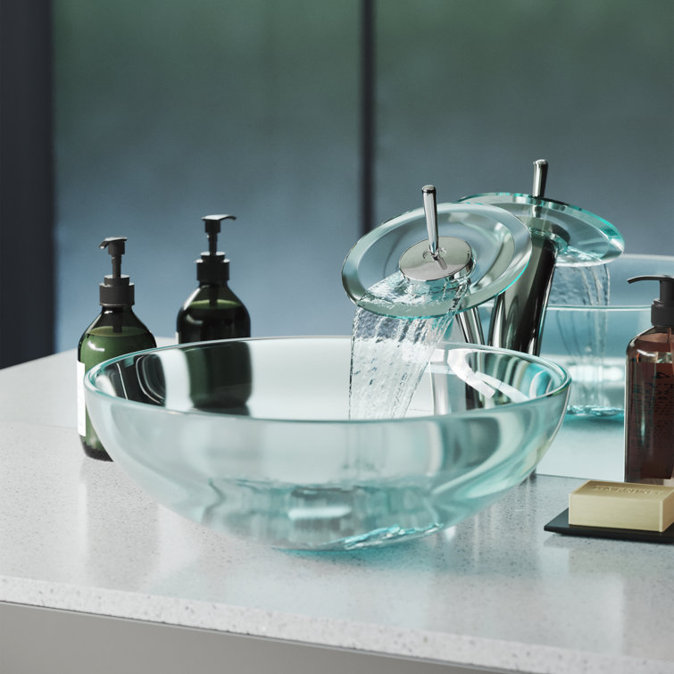 Cascade Clear Glass 16.5'' Vessel Sink with Waterfall Faucet