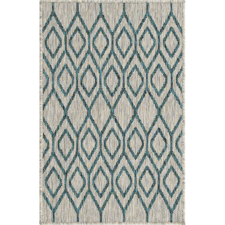 Gray and Teal Geometric Synthetic Outdoor Rug, 4' x 6'