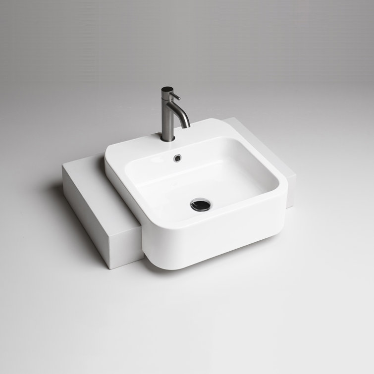 Glossy White Ceramic Square Vessel Bathroom Sink with Overflow