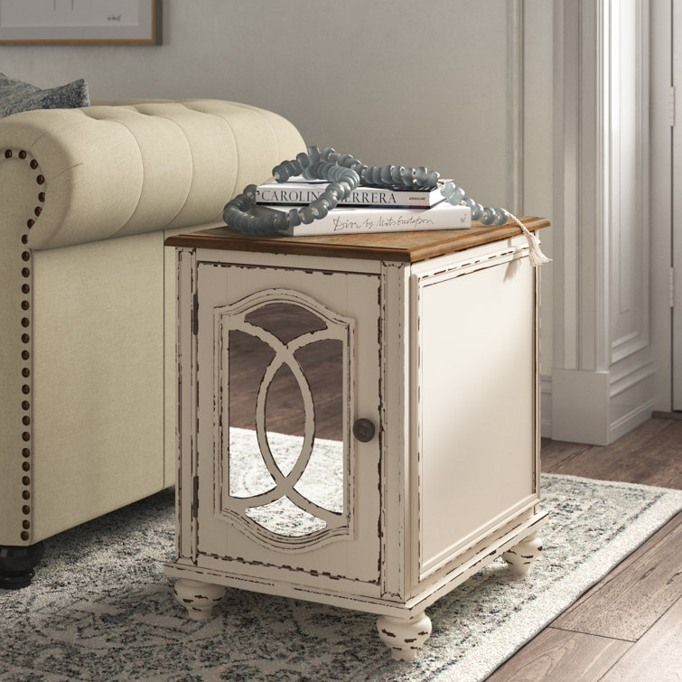 Antiqued Two-Tone Mirrored Cottage End Table with Storage