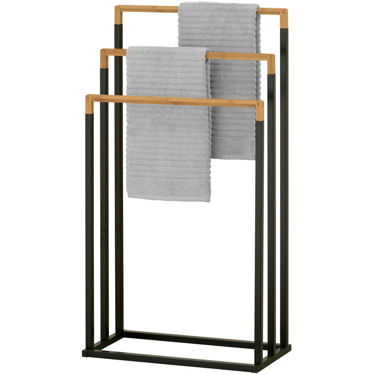 Black Metal and Bamboo 3-Tier Freestanding Towel Rack