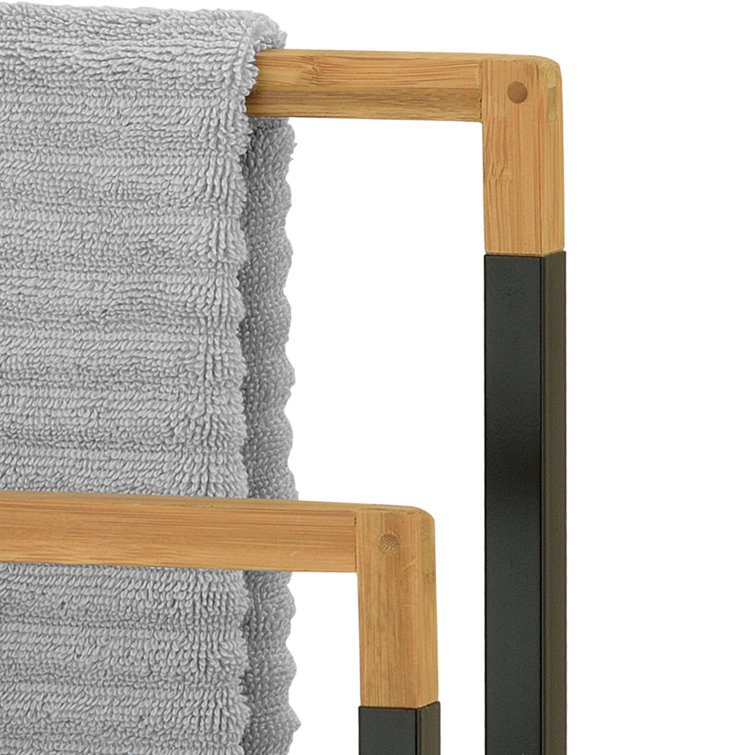 Black Metal and Bamboo 3-Tier Freestanding Towel Rack