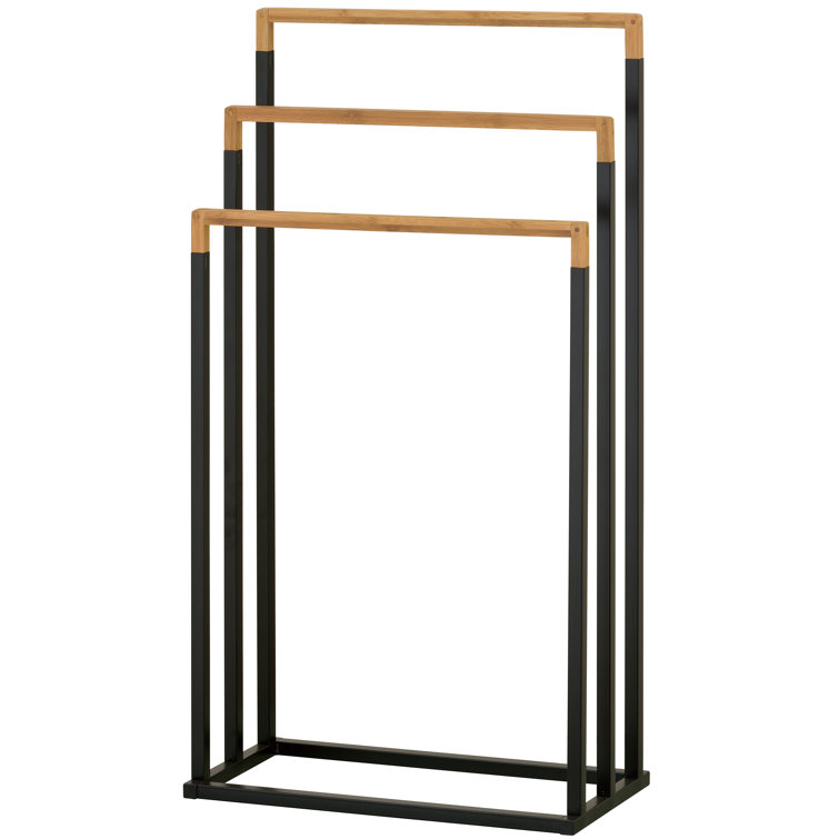 Black Metal and Bamboo 3-Tier Freestanding Towel Rack