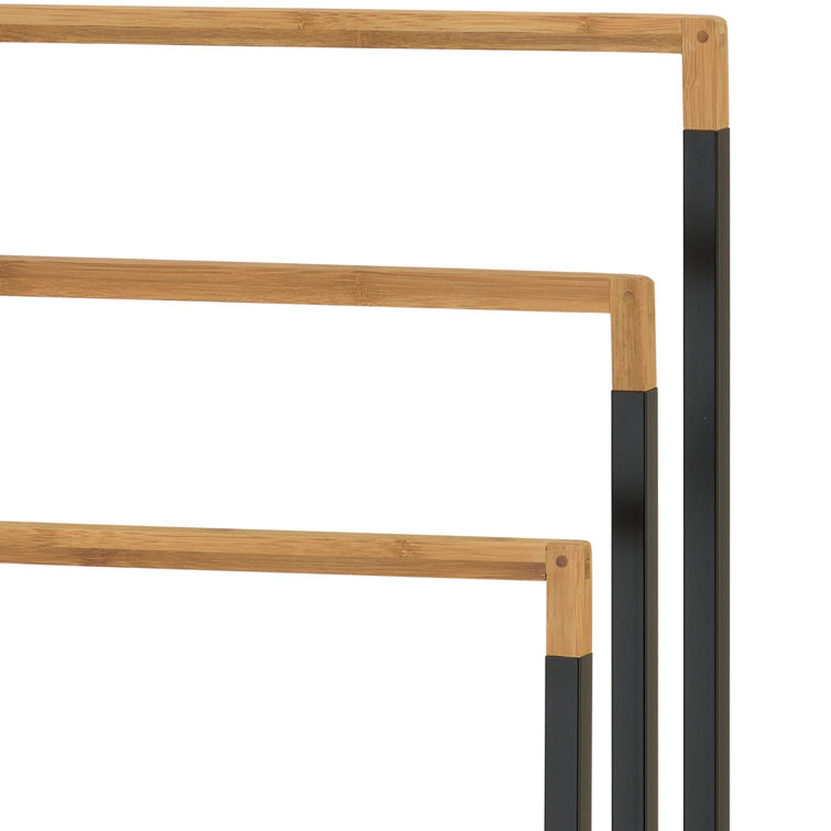 Black Metal and Bamboo 3-Tier Freestanding Towel Rack