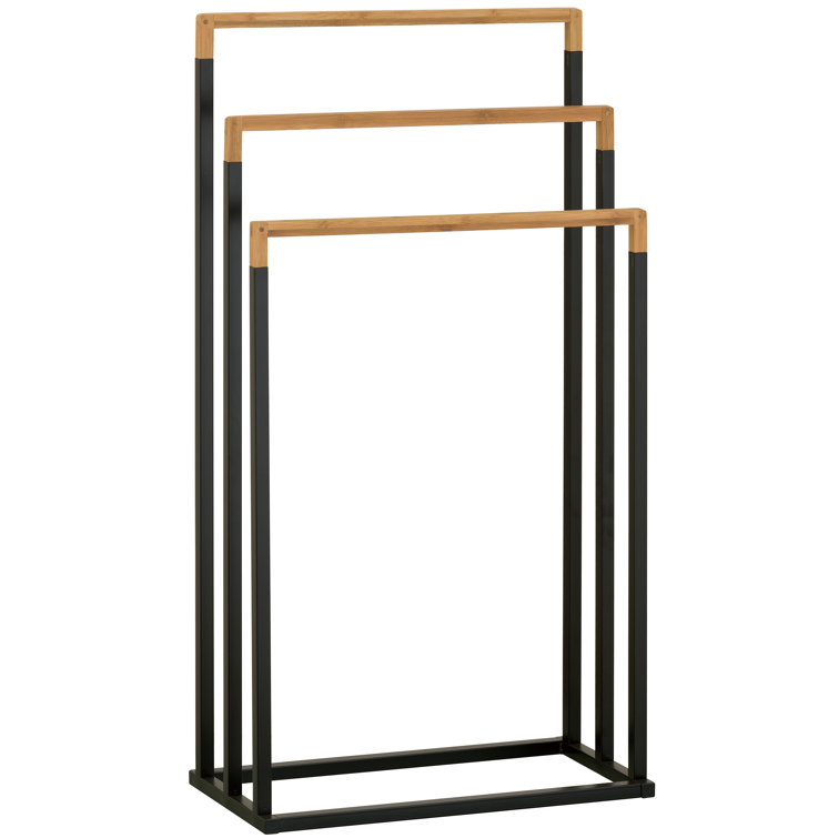 Black Metal and Bamboo 3-Tier Freestanding Towel Rack