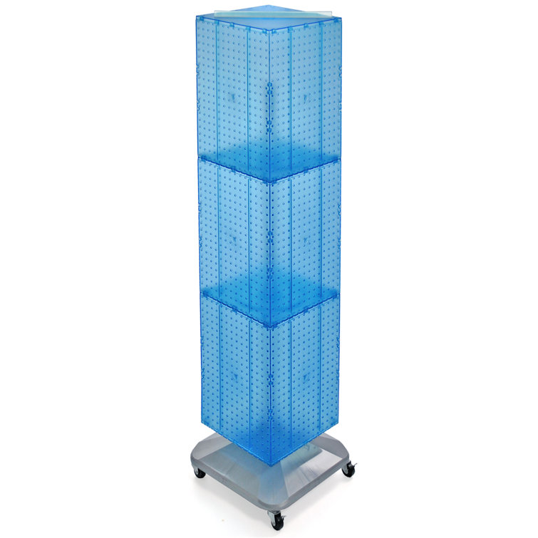 Blue Mirrored Pegboard Tower Display with Wheeled Base
