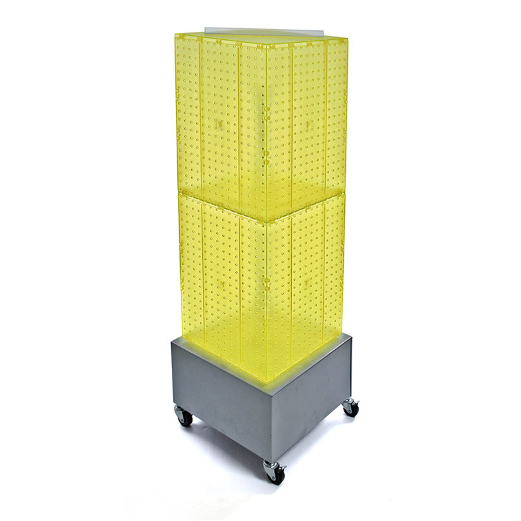 Yellow Four-Sided Pegboard Display with Metal Wheeled Base