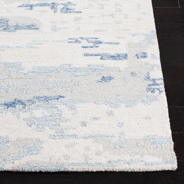 Ivory and Blue Abstract Hand-Tufted Wool 8' x 10' Rug