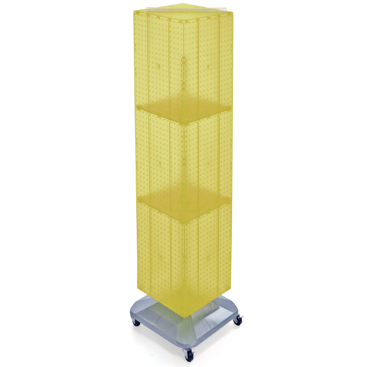 Yellow Four-Sided Pegboard Display Tower with Revolving Base