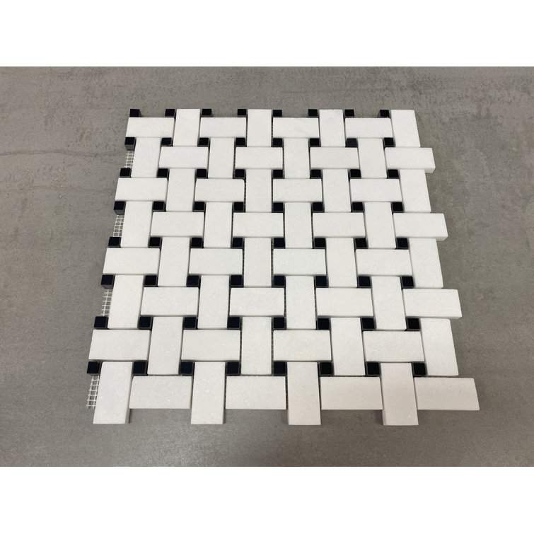 Thassos White and Black Dot Marble Basketweave Mosaic Tile