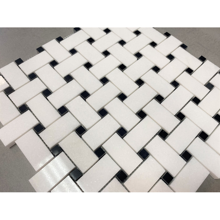 Thassos White and Black Dot Marble Basketweave Mosaic Tile