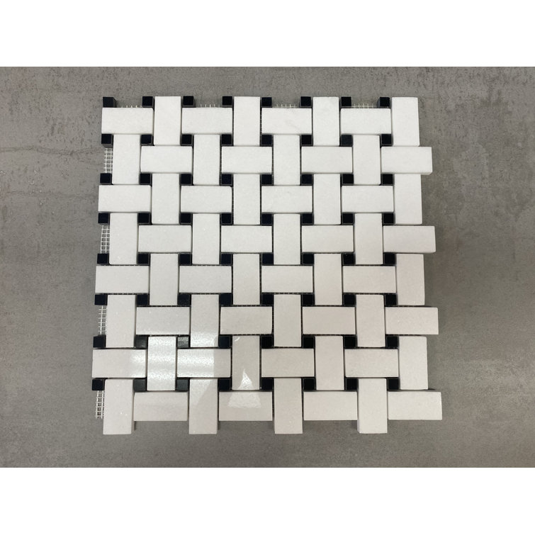 Thassos White and Black Dot Marble Basketweave Mosaic Tile