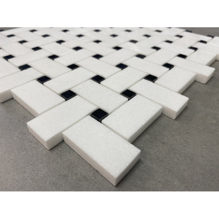 Thassos White and Black Dot Marble Basketweave Mosaic Tile