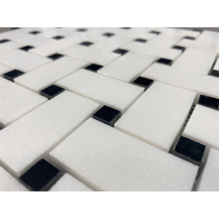 Thassos White and Black Dot Marble Basketweave Mosaic Tile