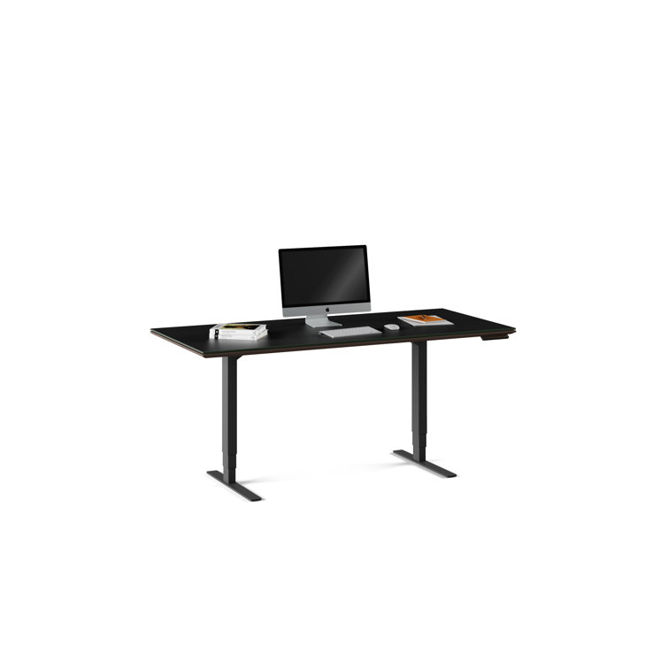 Charcoal Stained Ash Adjustable Glass Top Standing Desk with Power Outlet