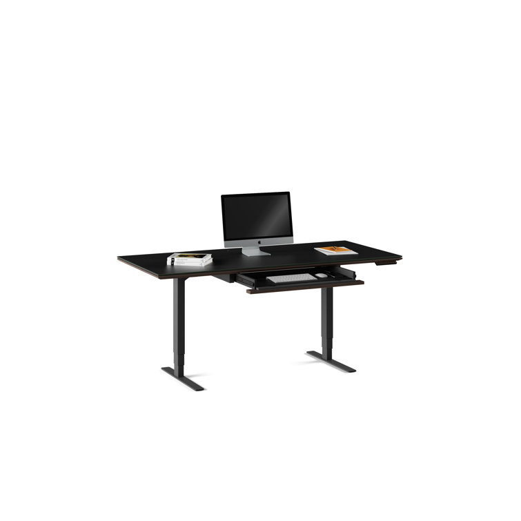 Charcoal Stained Ash Adjustable Glass Top Standing Desk with Power Outlet