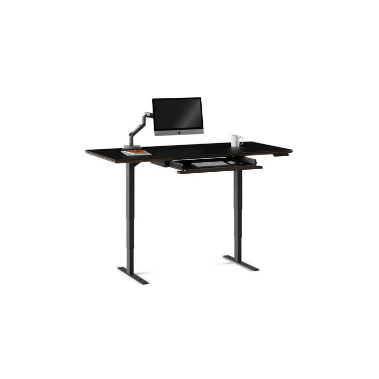 Charcoal Stained Ash Adjustable Glass Top Standing Desk with Power Outlet