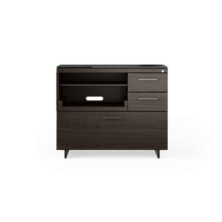 Charcoal Stained Ash and Black Mobile Filing Cabinet with Satin Glass Top