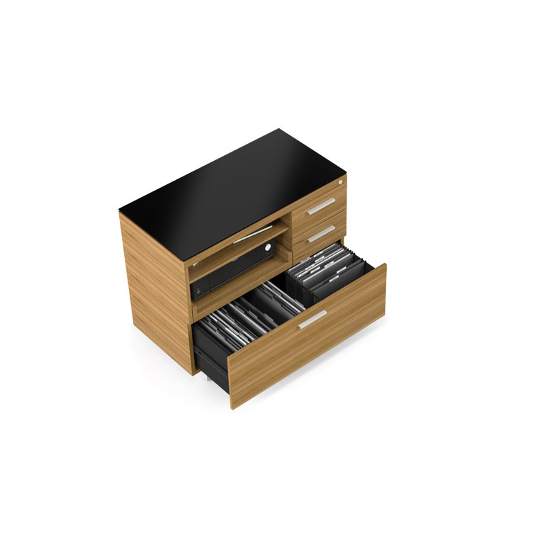 Natural Walnut and Satin Nickel Mobile Filing Cabinet with Black Glass Top