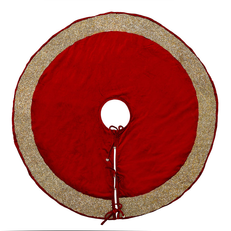 Luxurious Red Velvet Christmas Tree Skirt with Gold Beaded Border