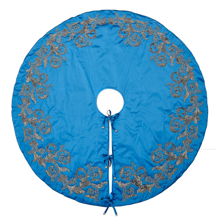 Imperial Blue Hand Beaded Silk Christmas Tree Skirt - 72''