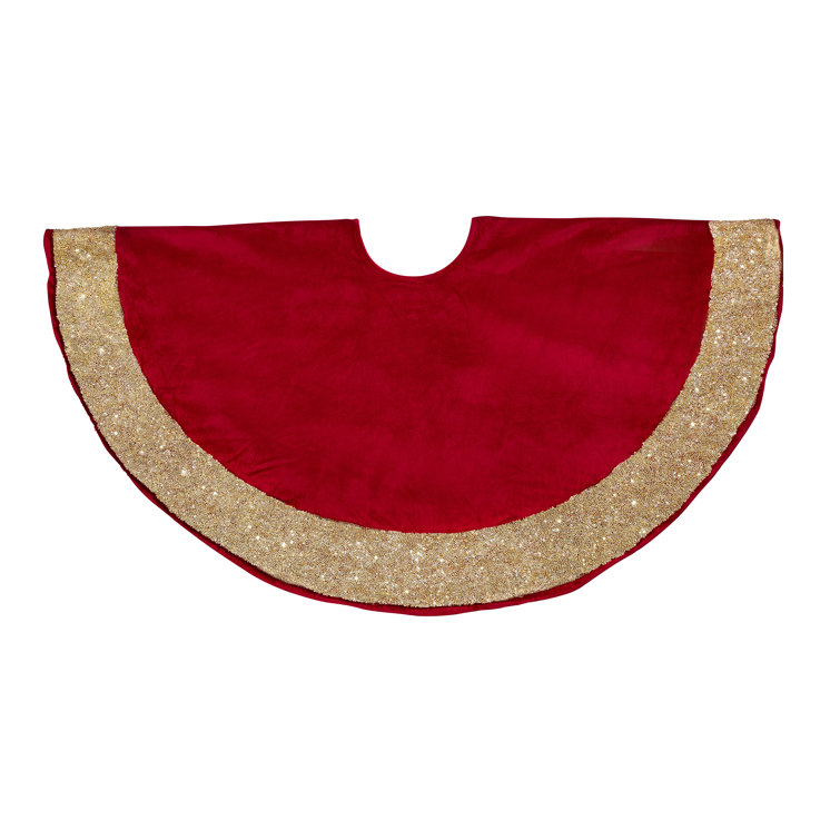Luxurious Red Velvet Christmas Tree Skirt with Gold Beaded Border
