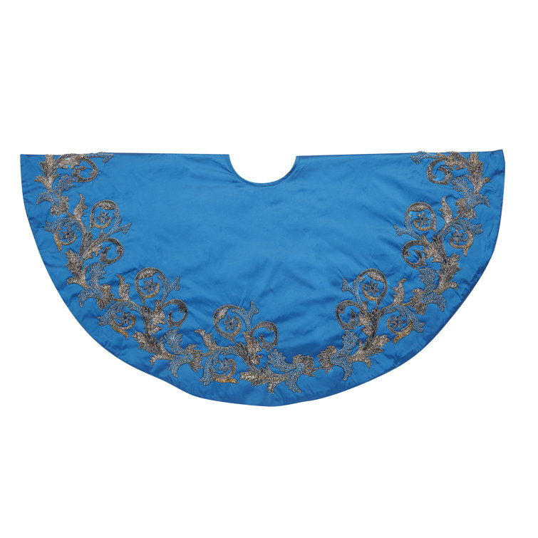 Imperial Blue Hand Beaded Silk Christmas Tree Skirt - 72''
