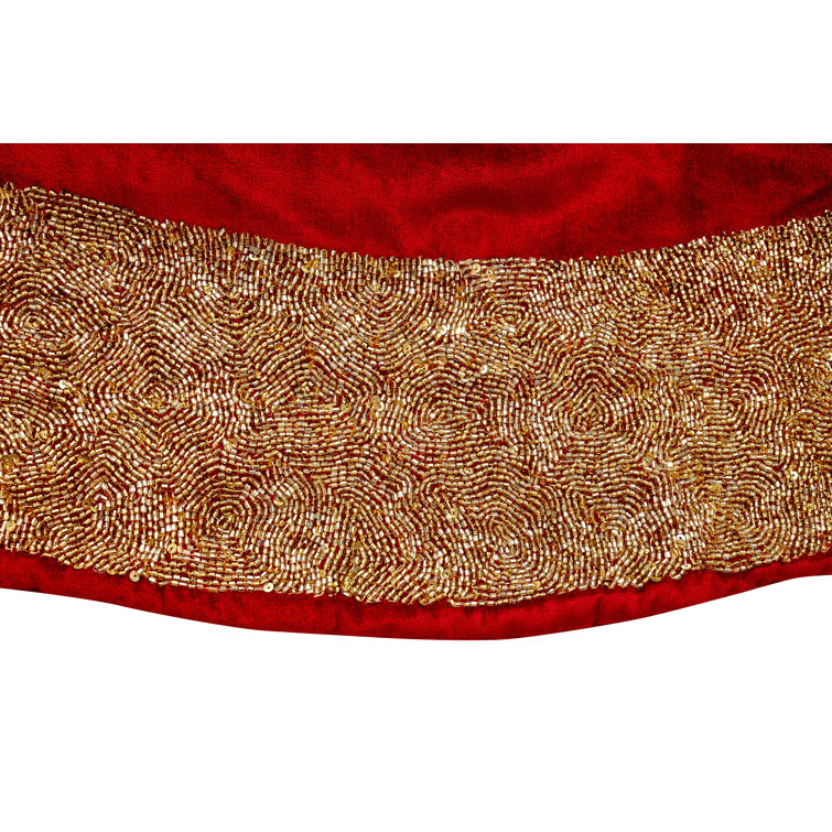Luxurious Red Velvet Christmas Tree Skirt with Gold Beaded Border